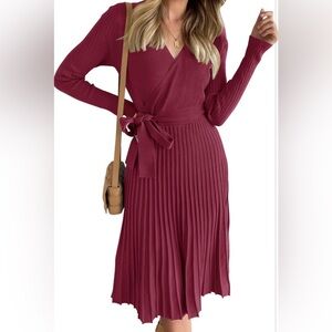 Pleated Wrap Midi Dress with Self-Tie Waist in Burgundy